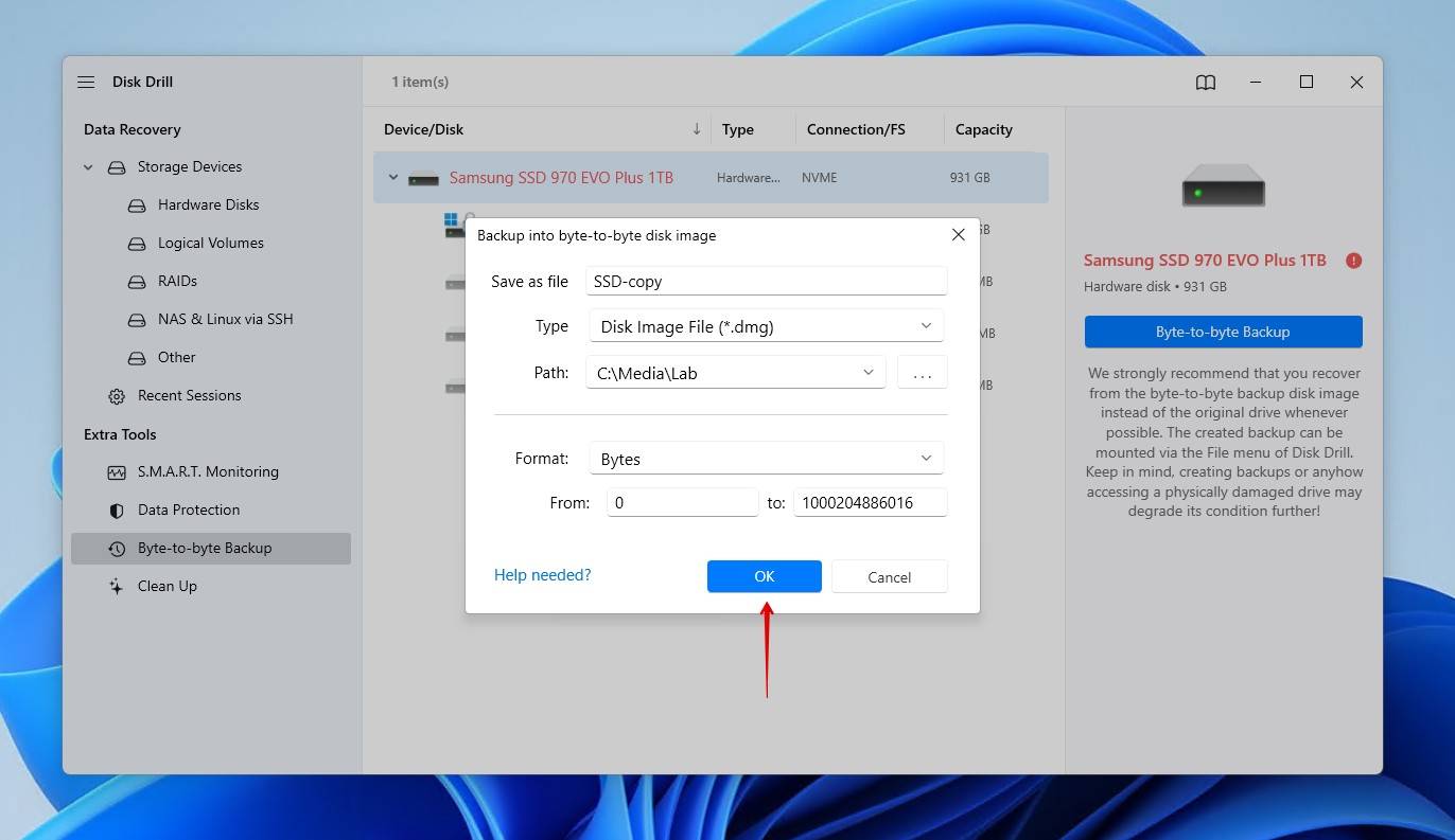 Choosing the backup options.