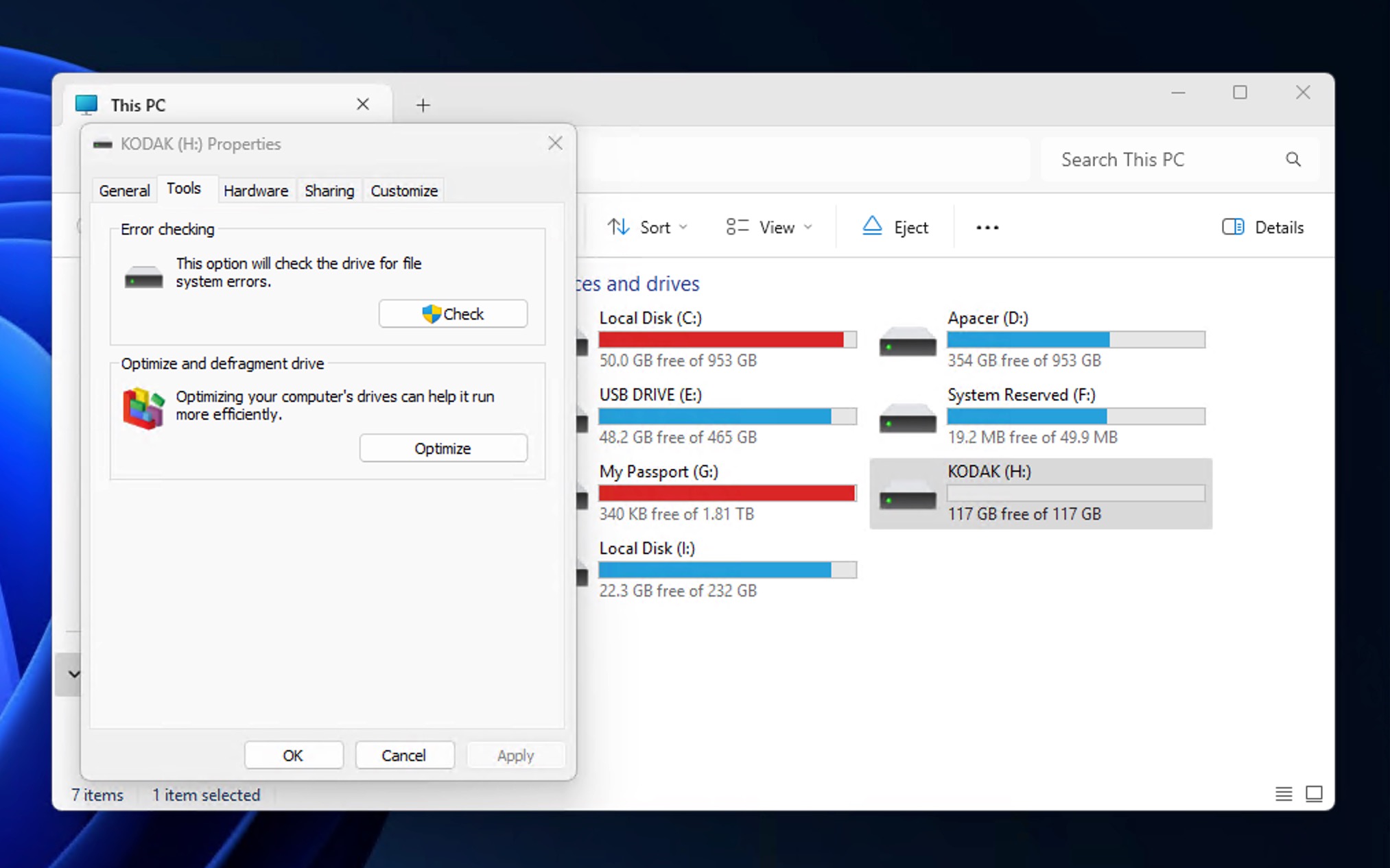Running Error checking (Check) for a USB drive in Windows Properties