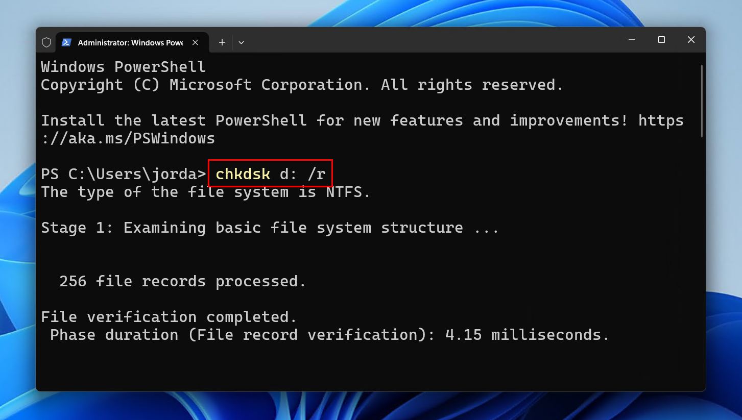 Running the CHKDSK command.