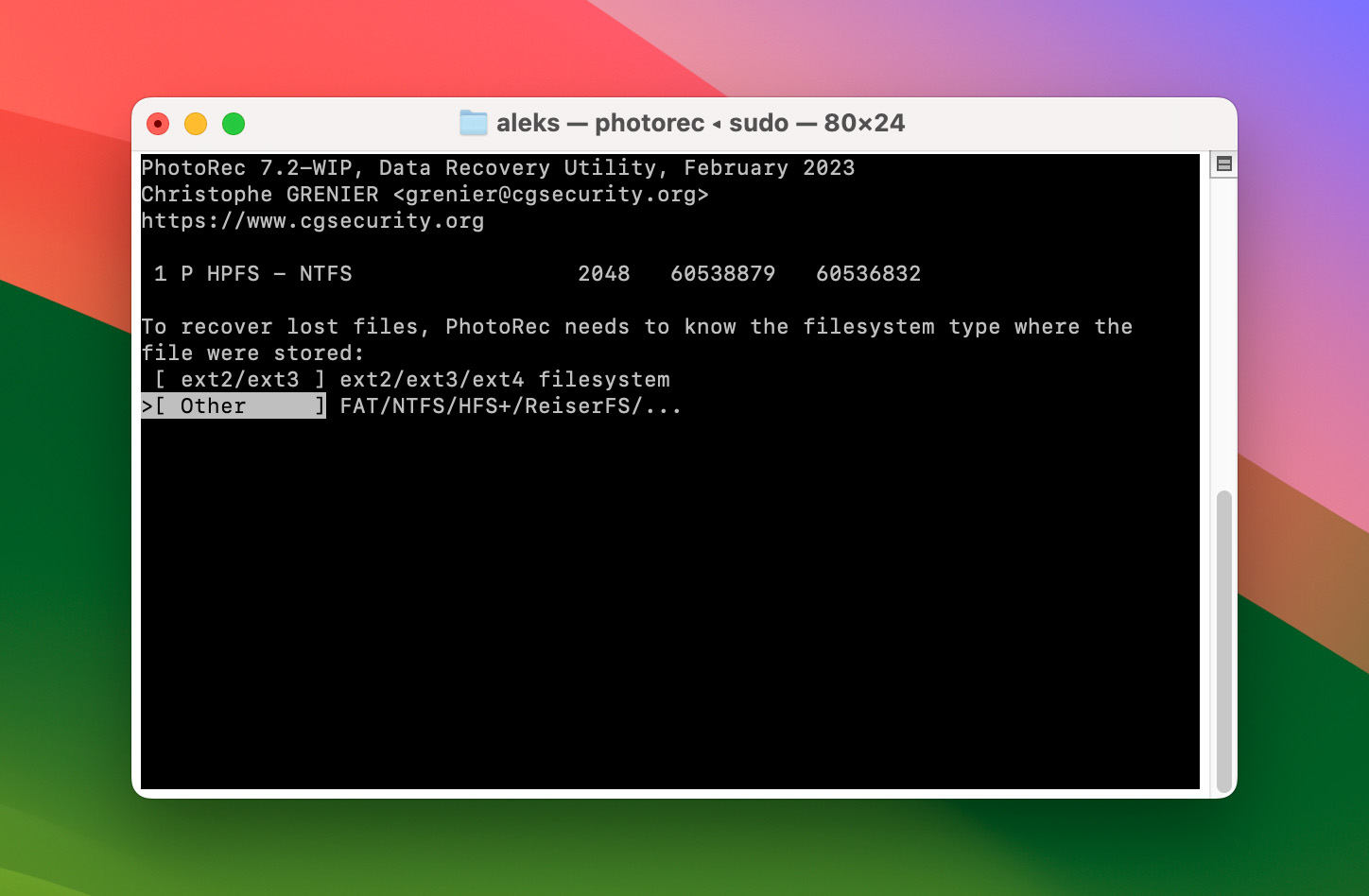 Mac Terminal PhotoRec choose file system