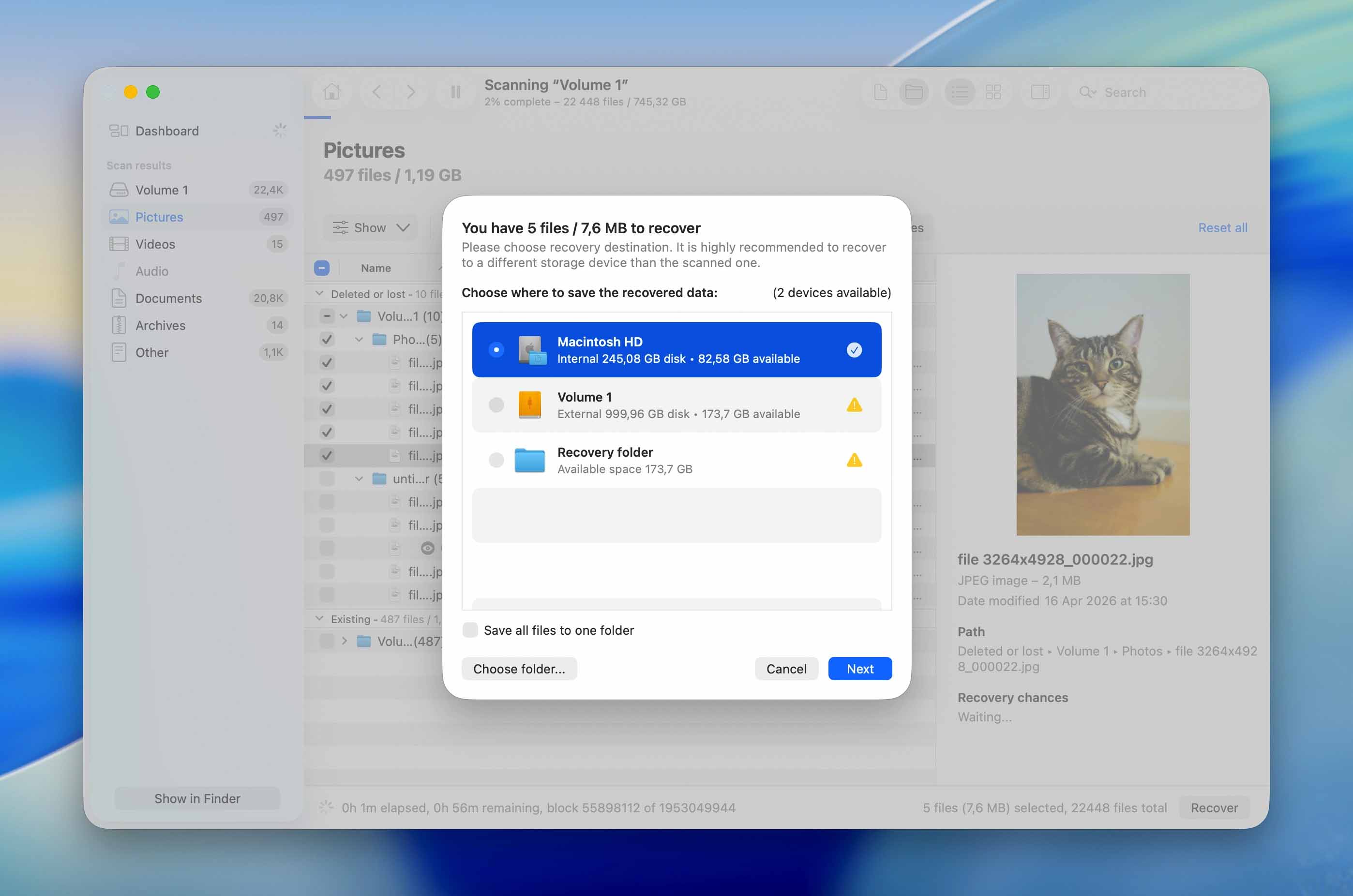 choose recovery location for files