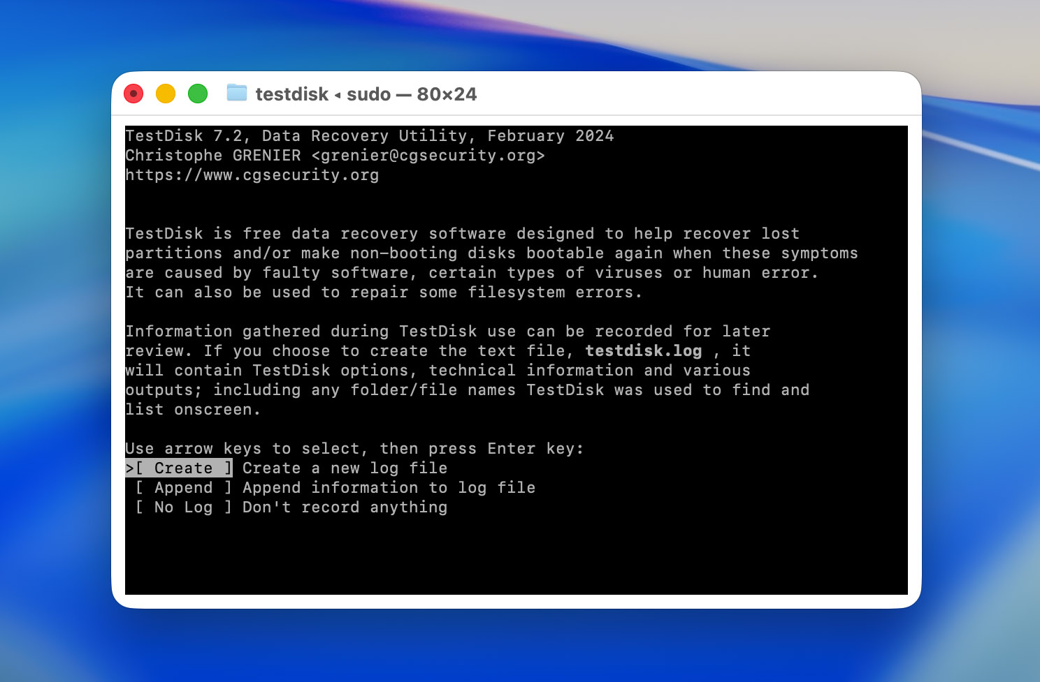 create new log file in test disk
