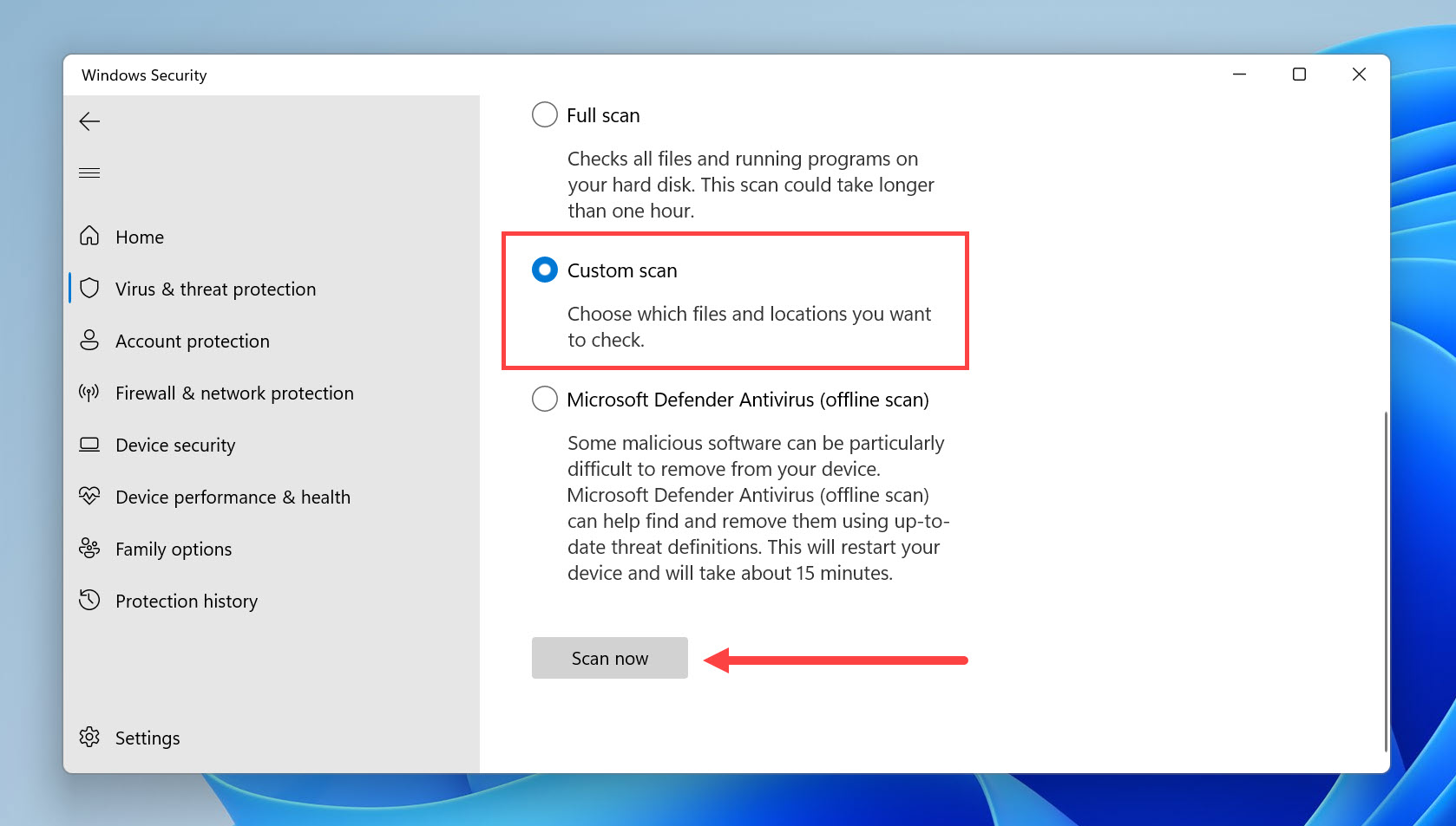 Selecting Custom scan in Windows Security