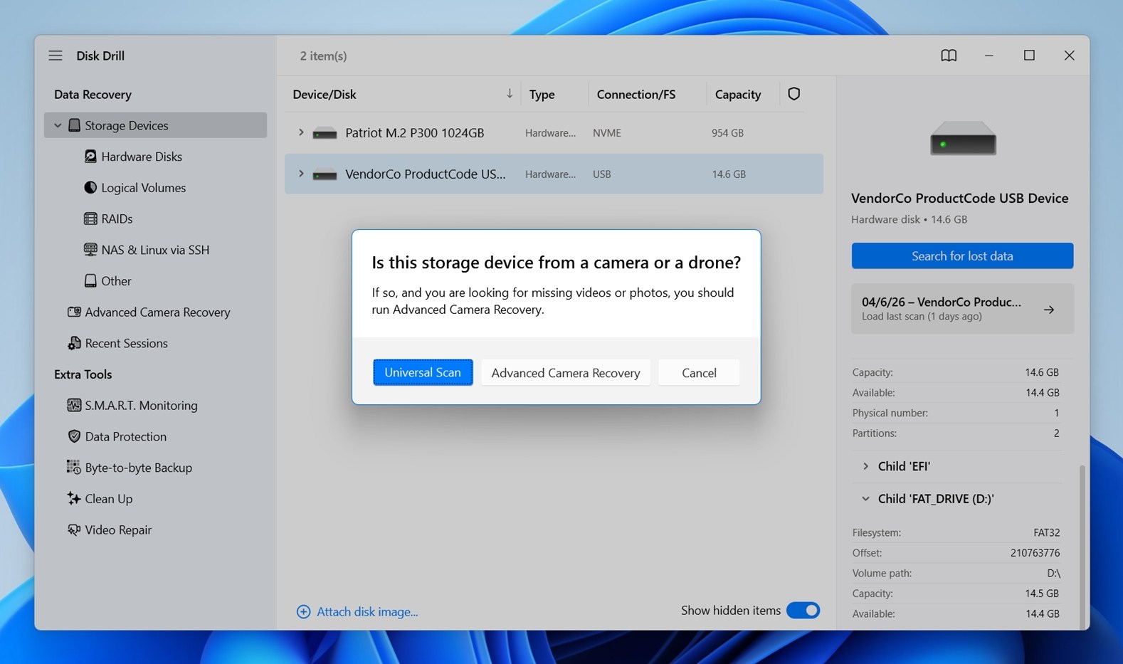 Click Search for lost data then Universal Scan