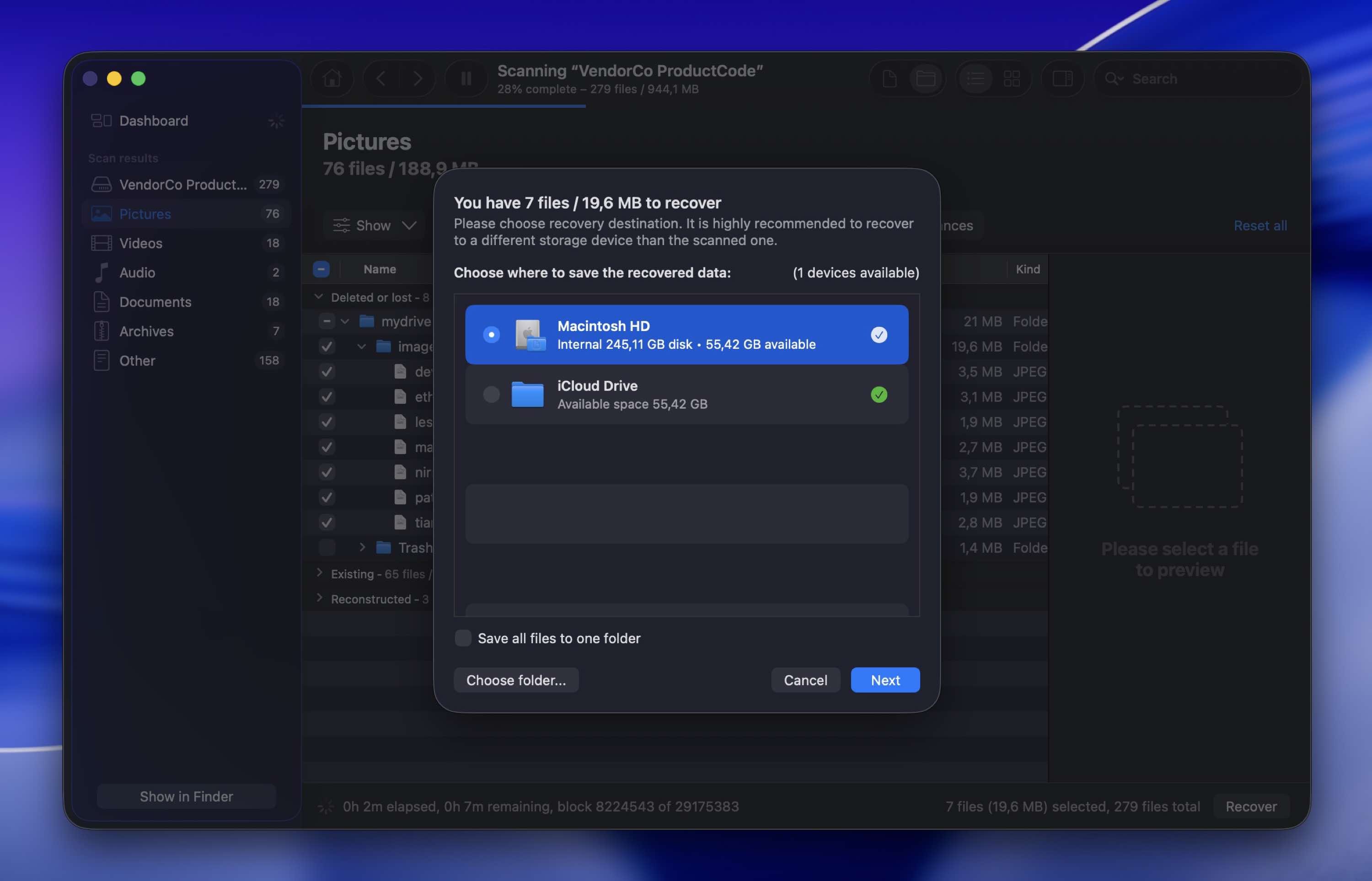 choosing location for recovered files disk drill