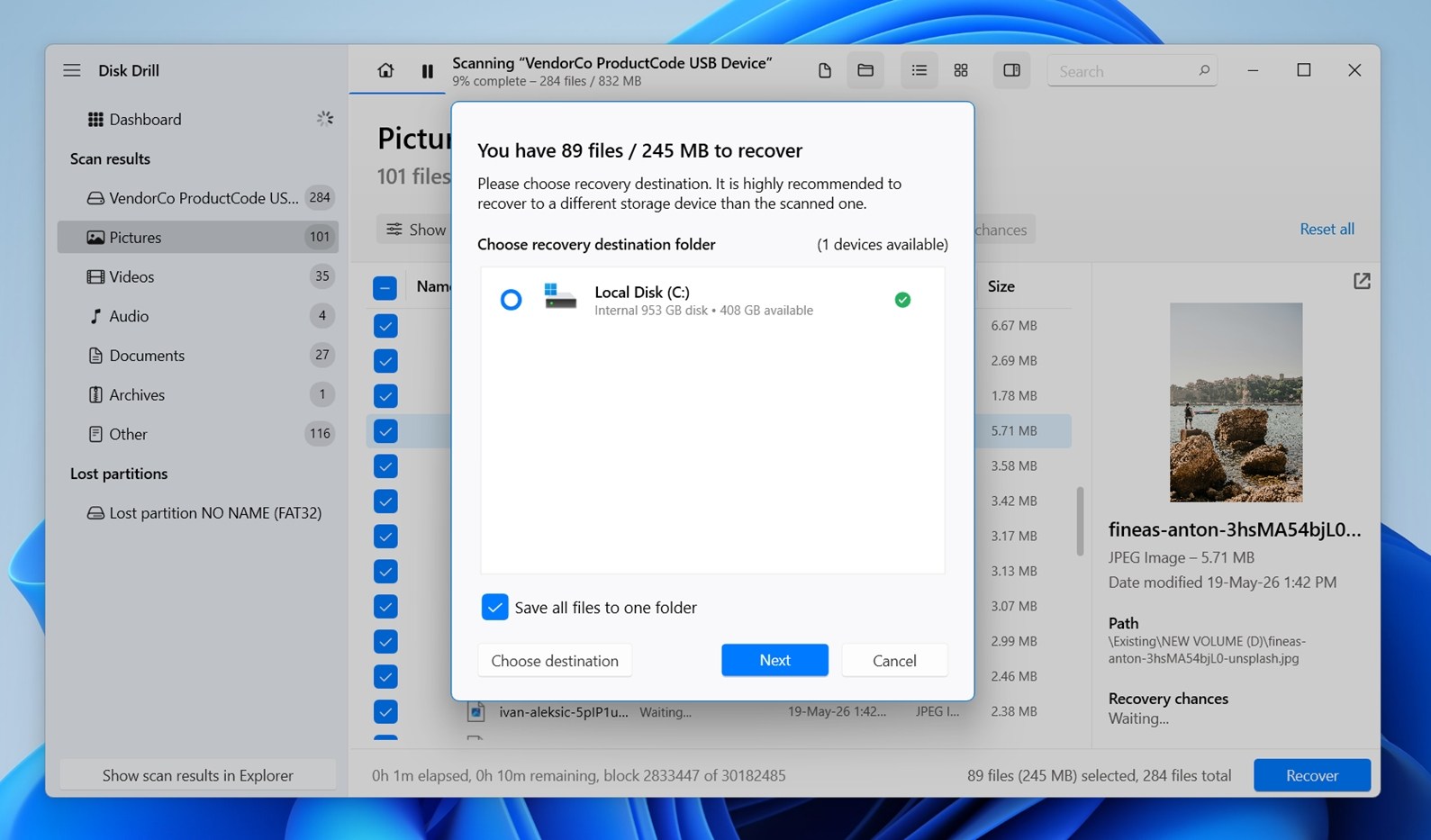 disk drill destination select windows