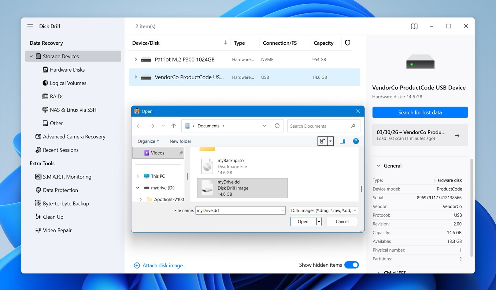 Select the backup file