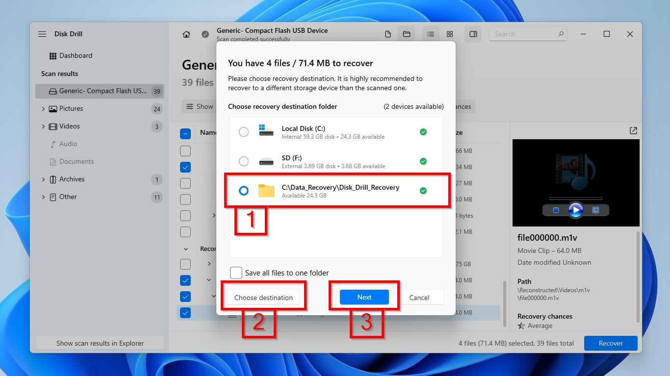 Disk Drill Choose Recovery Destination Folder
