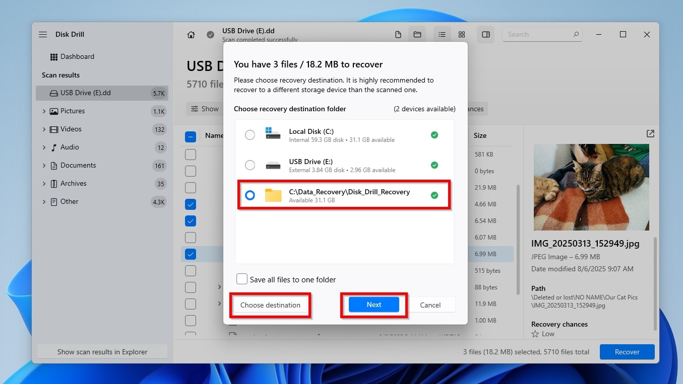 Disk Drill Choosing a destination folder for recovered files