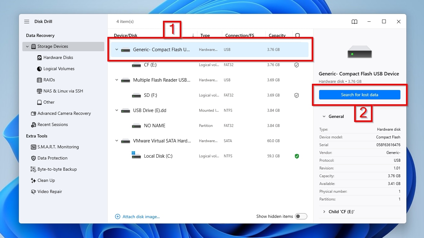 Disk Drill Device Selection and Search For Lost Data