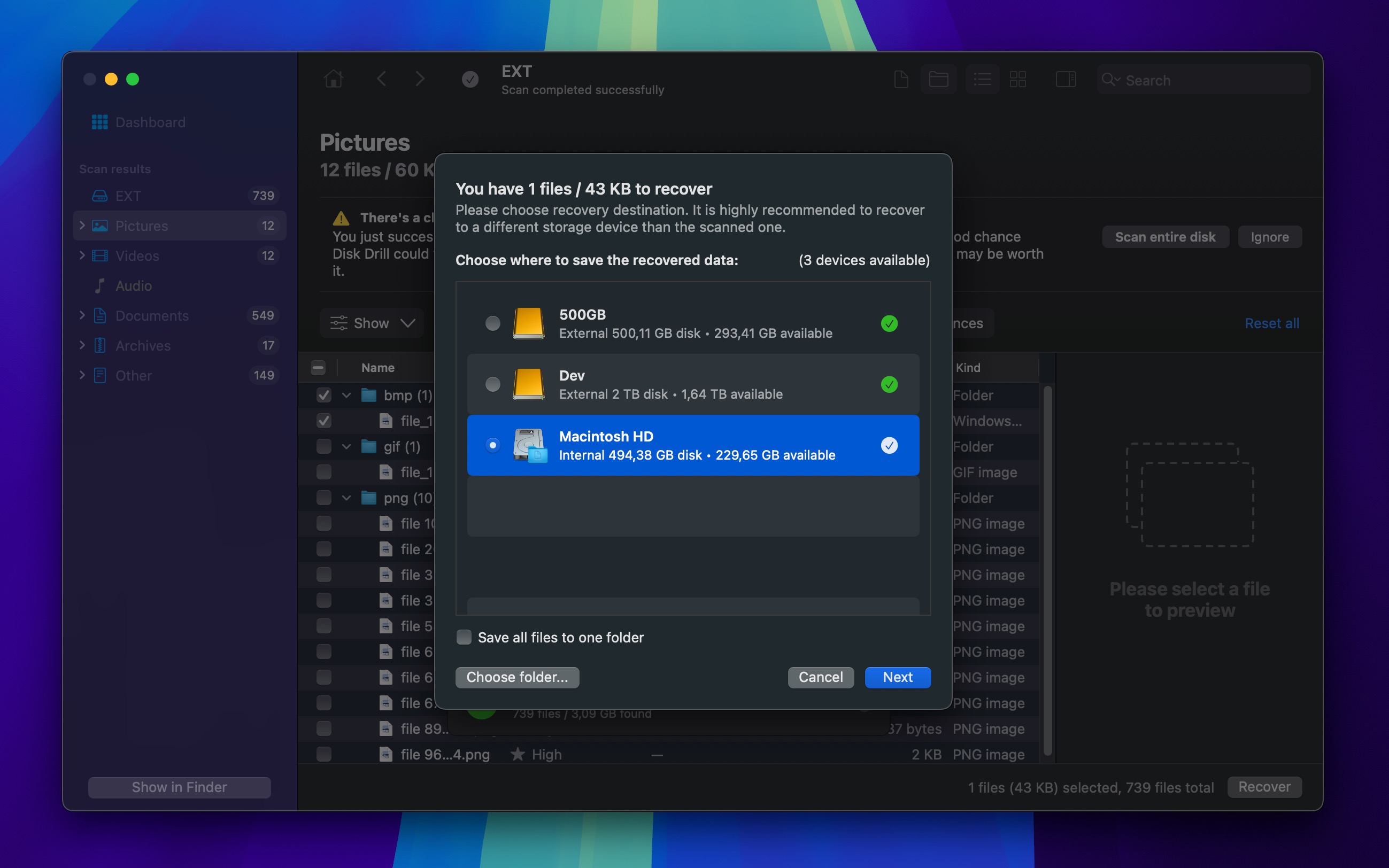 disk drill recovery destination selected