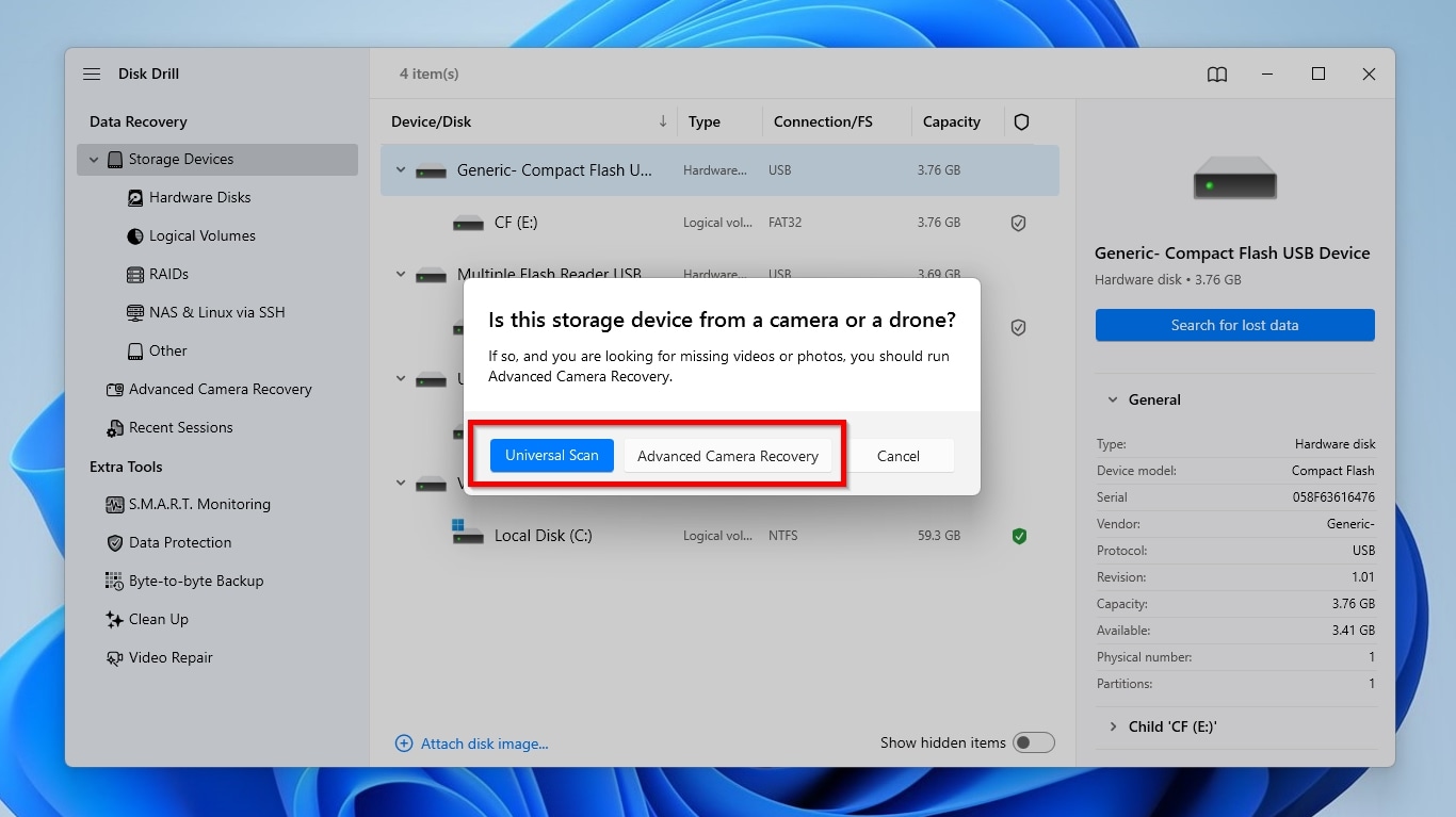 Disk Drill Universal Scan and Advanced Camera Recovery Selection