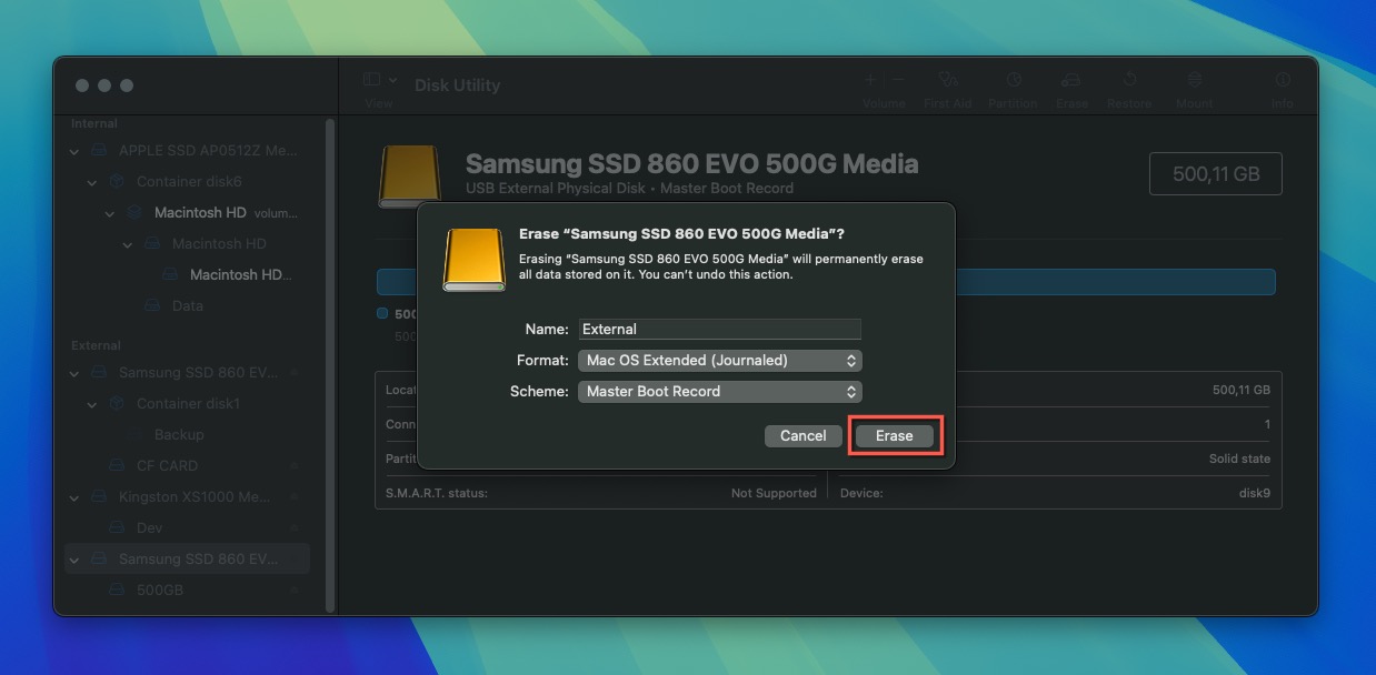 disk utility format erase button