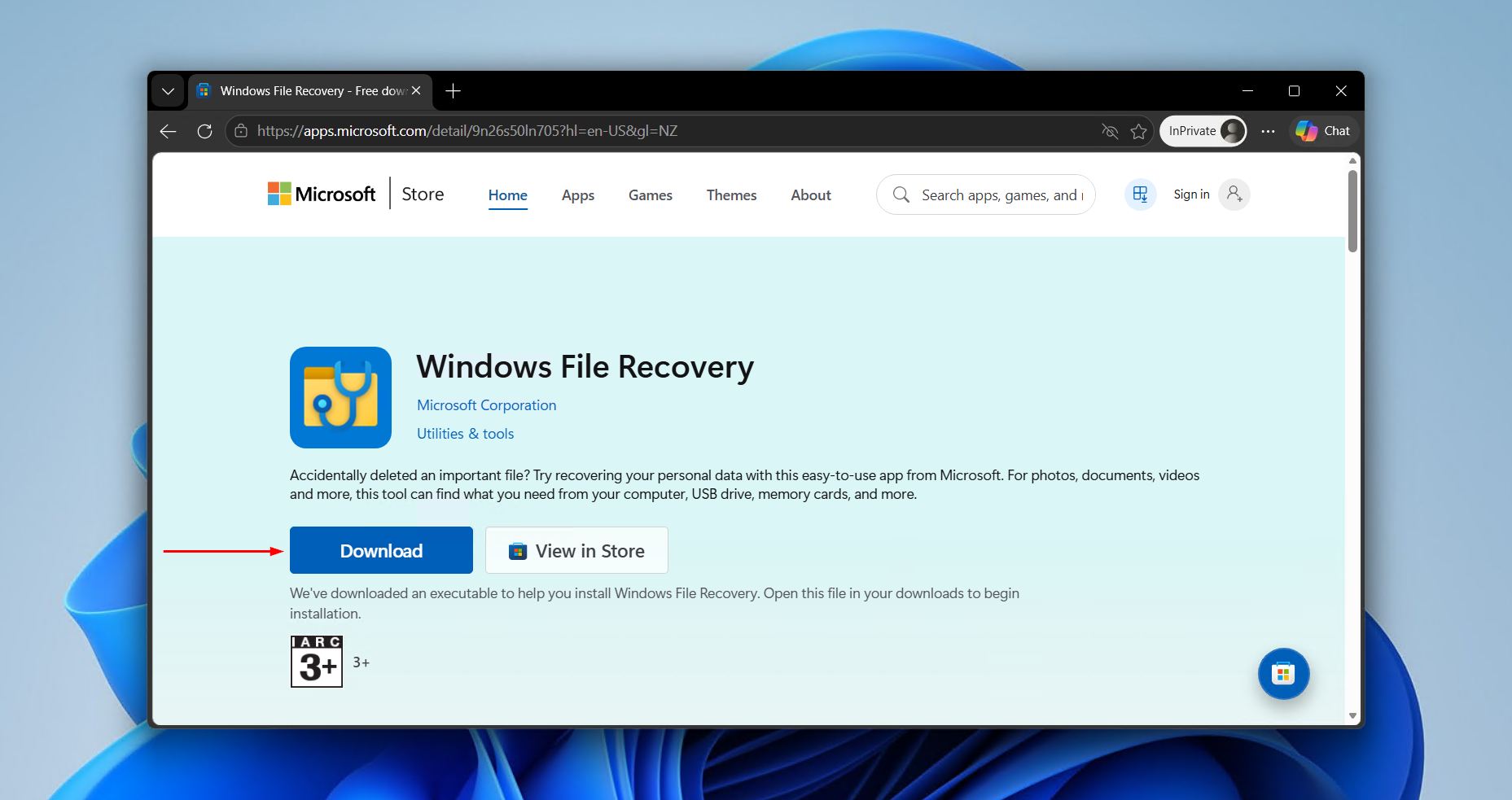 Downloading Windows File Recovery.