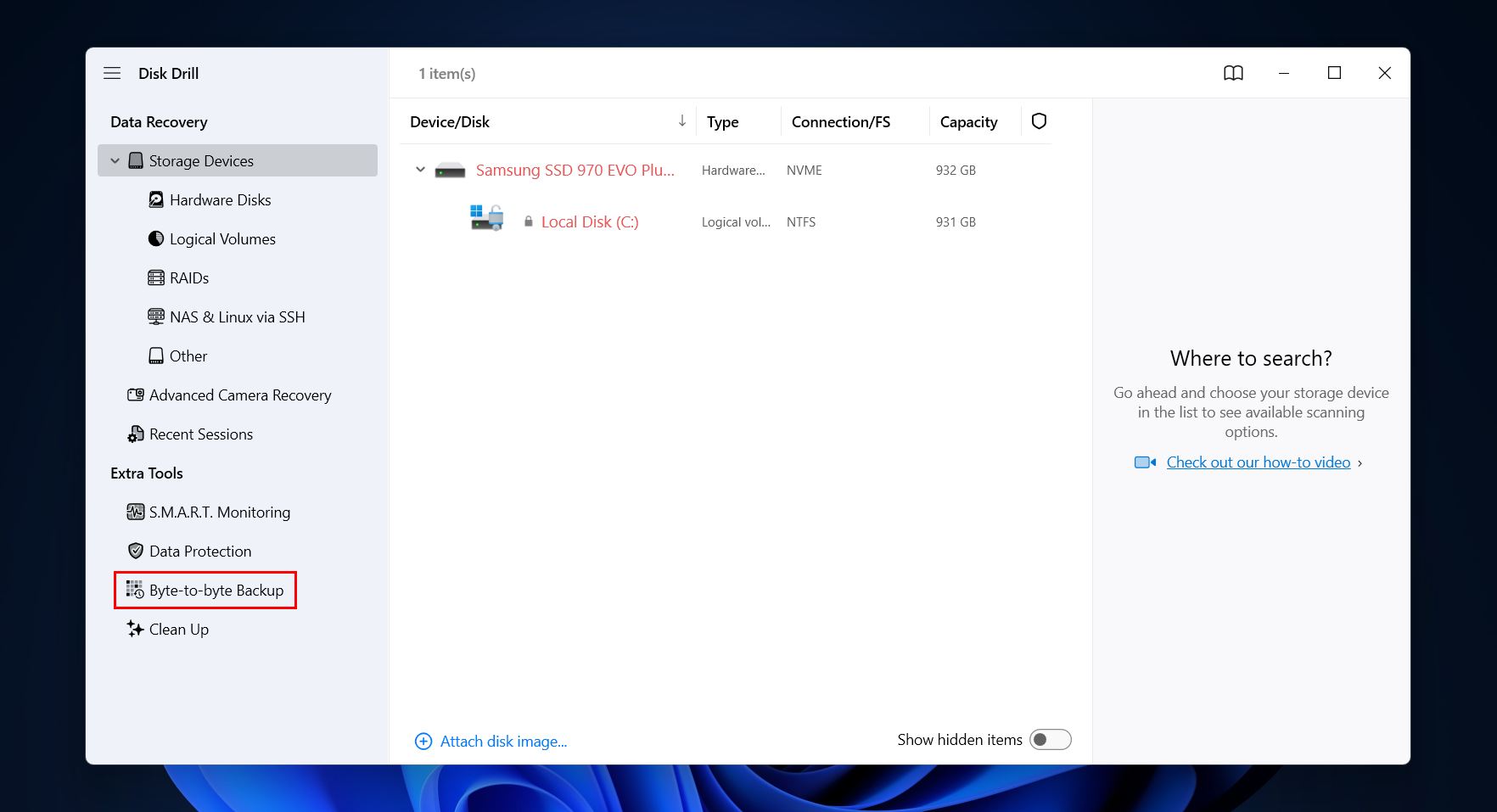 Accessing the drive backup feature.
