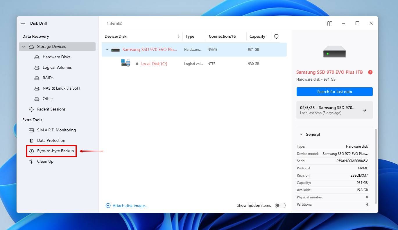 Accessing the byte-to-byte backup feature.