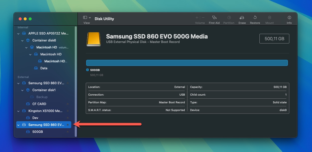 external ssd selected disk utility