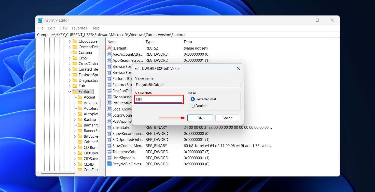Setting the first registry value.