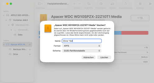 Formatieren Sie das Laufwerk mit dem APFS-Dateisystem