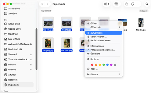Gelöschte Dateien auf Mac aus dem Papierkorb über die Option „Zurücklegen“ wiederherstellen