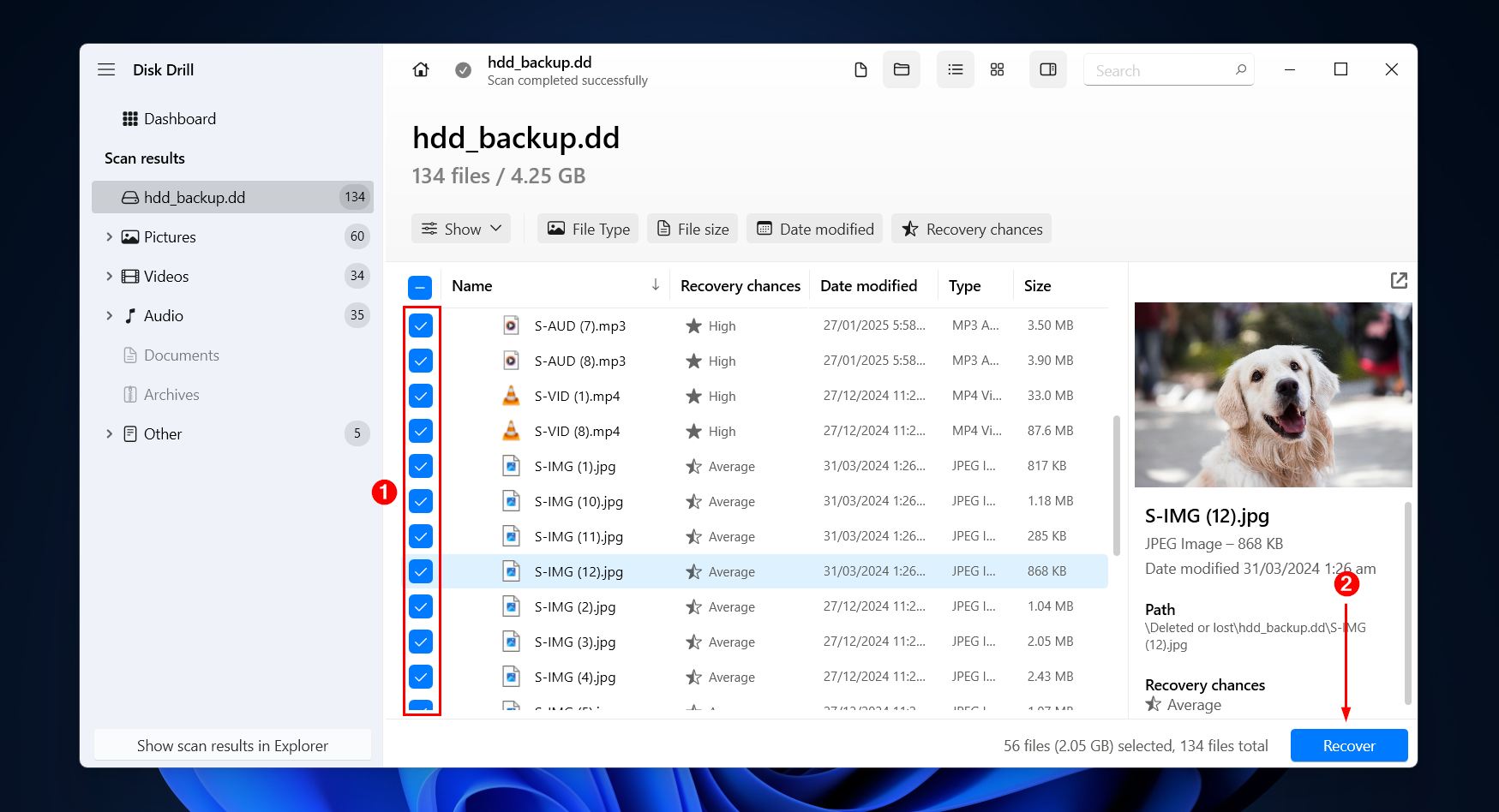 Selecting the data to recover.