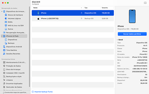 Inicie o Disk Drill e selecione seu iPhone ou backup