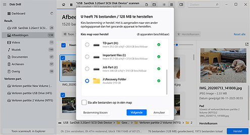 Klik op de knop Herstellen om geselecteerde bestanden terug te zetten