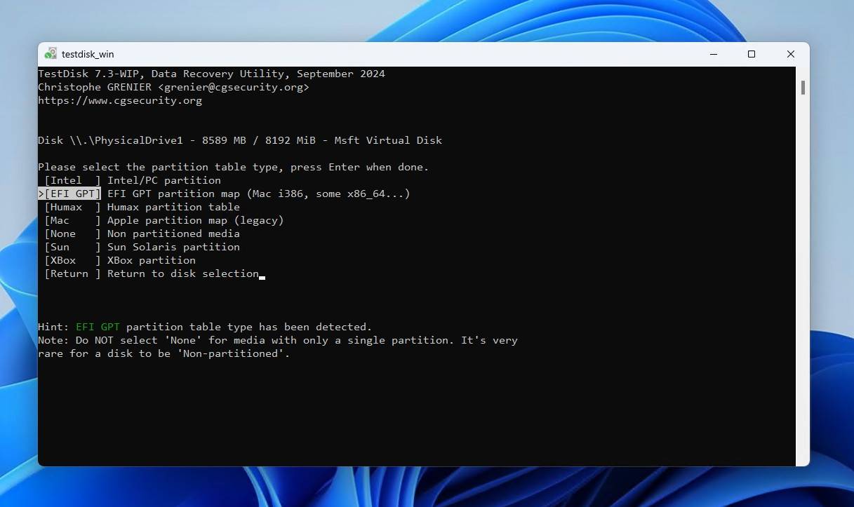 Choosing a partition table type.