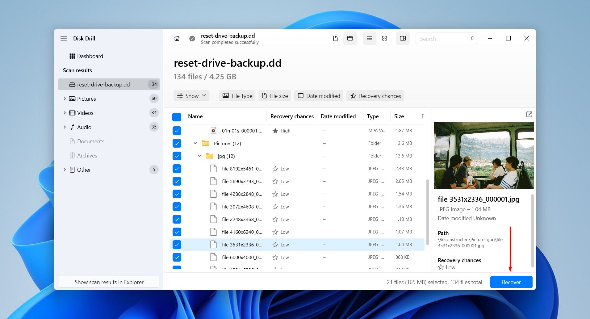Recovering the selected reset drive data.