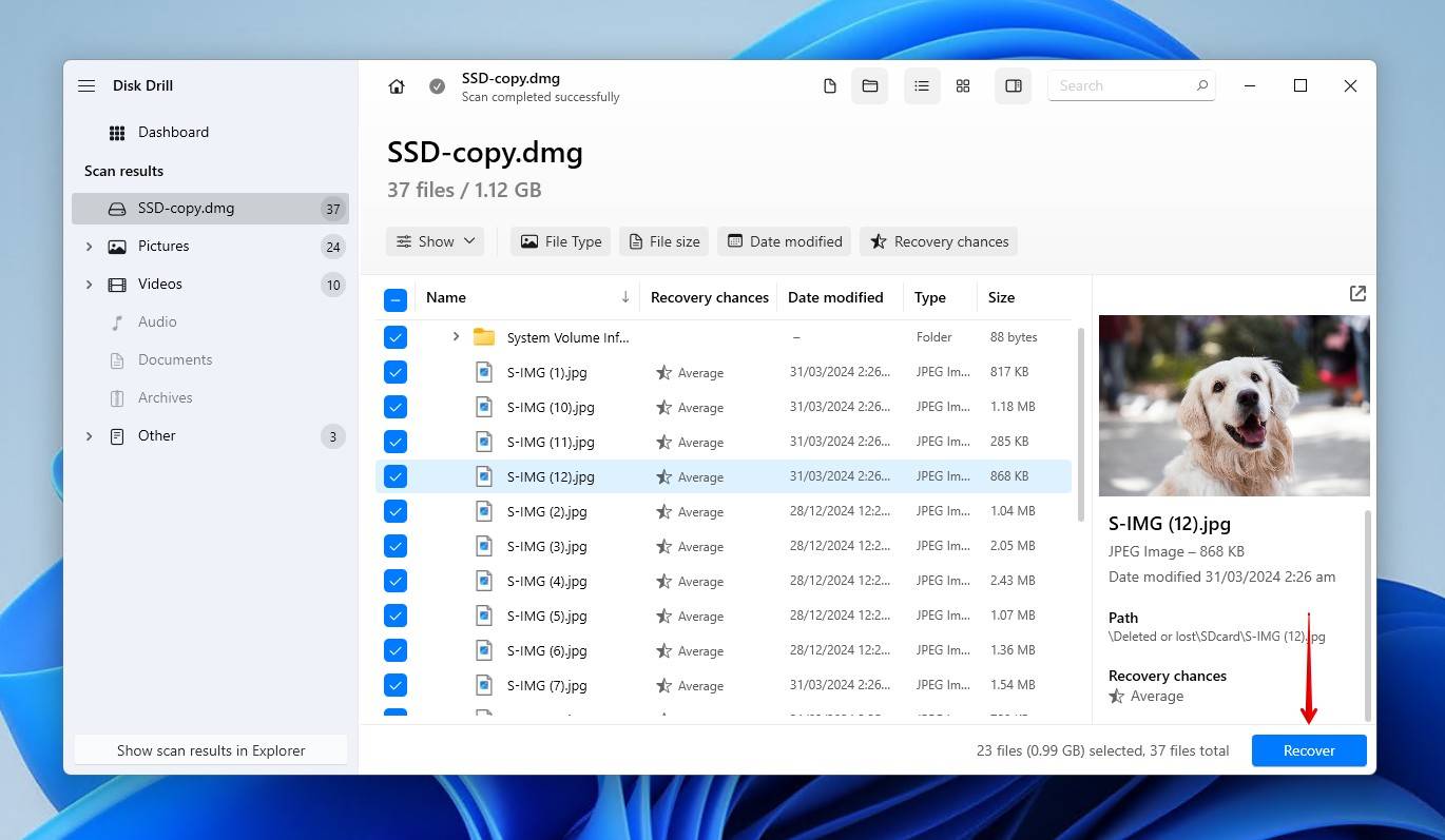 Recovering selected files.