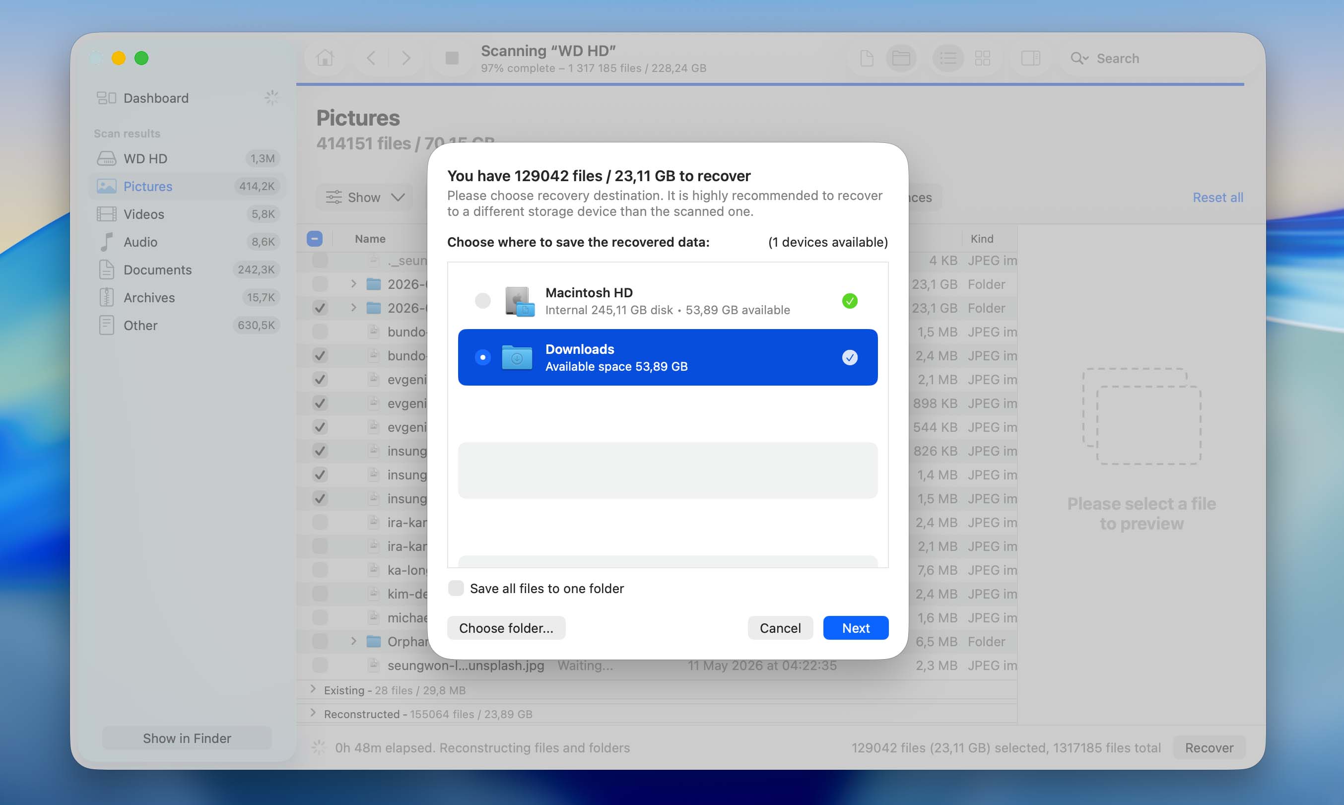 choose recovery destination for files