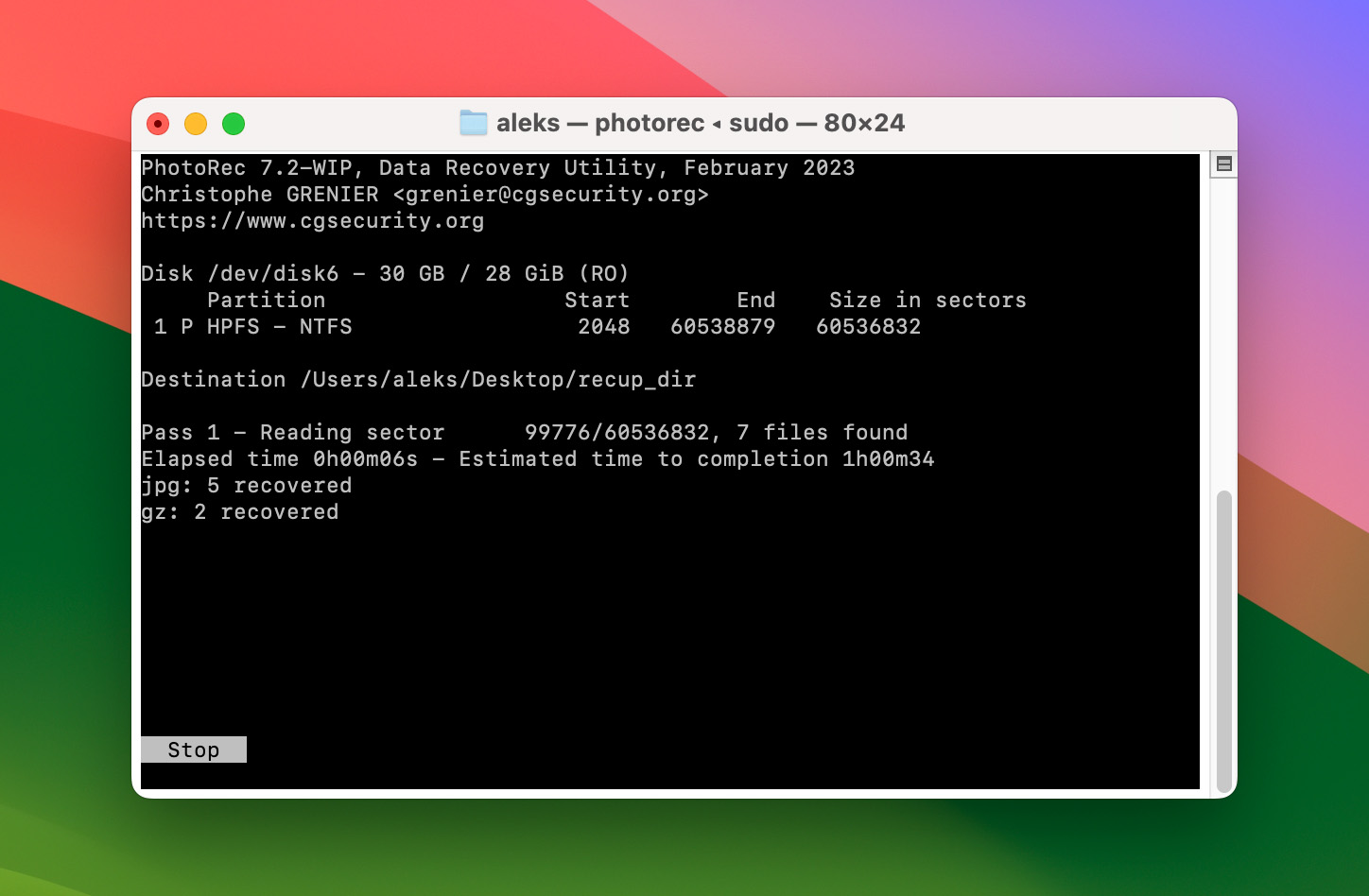 Mac Terminal PhotoRec located files