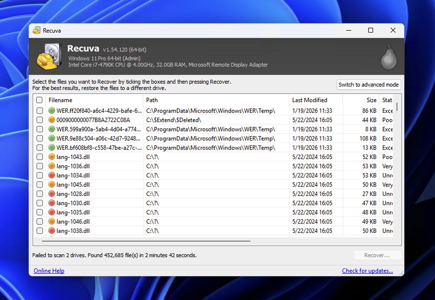 Recuva interface on Windows