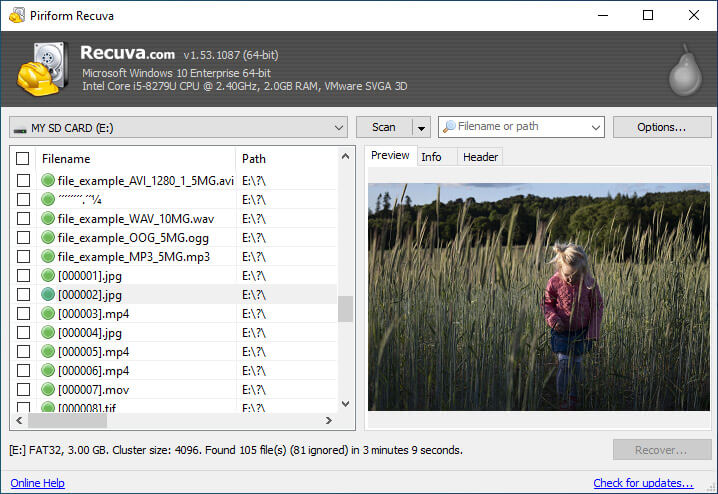 Recuva SD card recovery software for PC