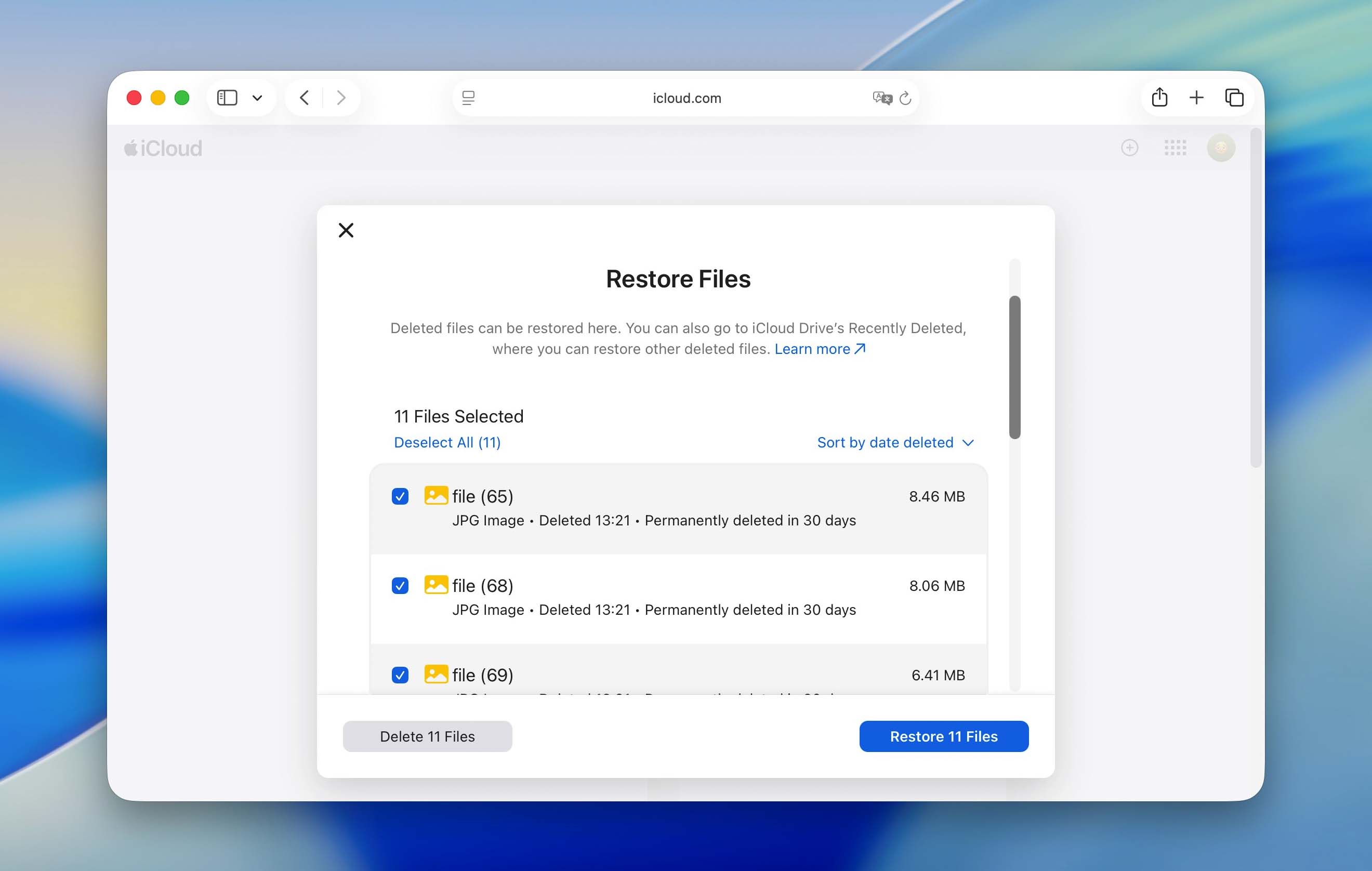 restore files with icloud data recovery section