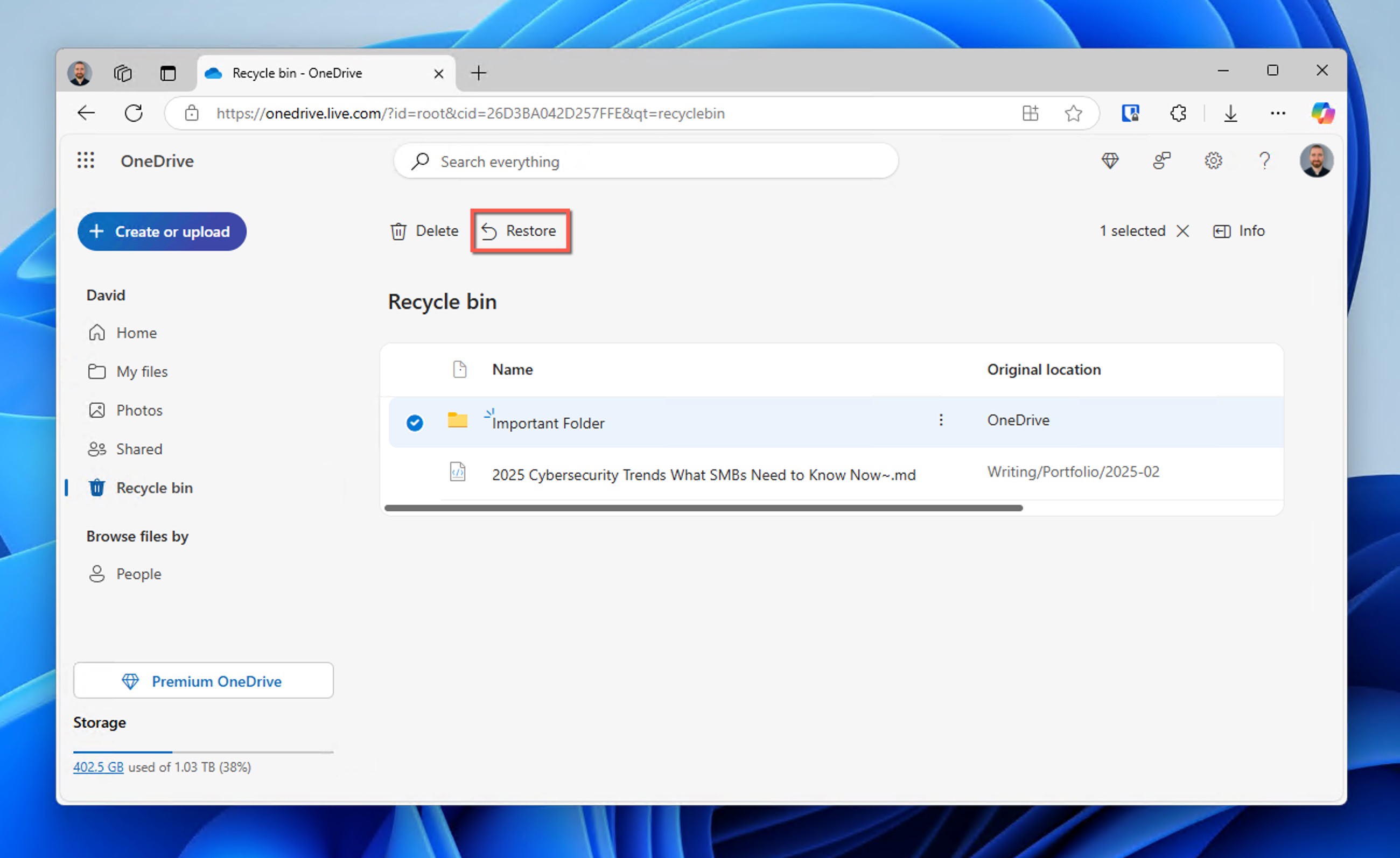 restore important folder onedrive