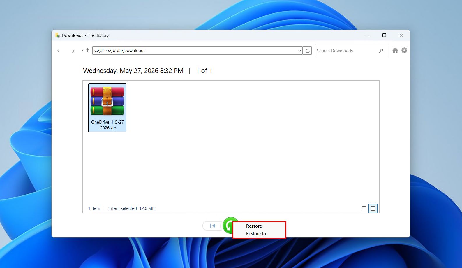 The File History restore options.