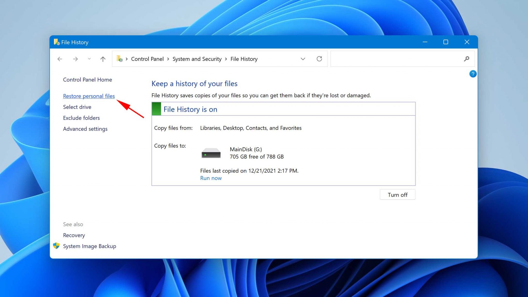 restore personal files option