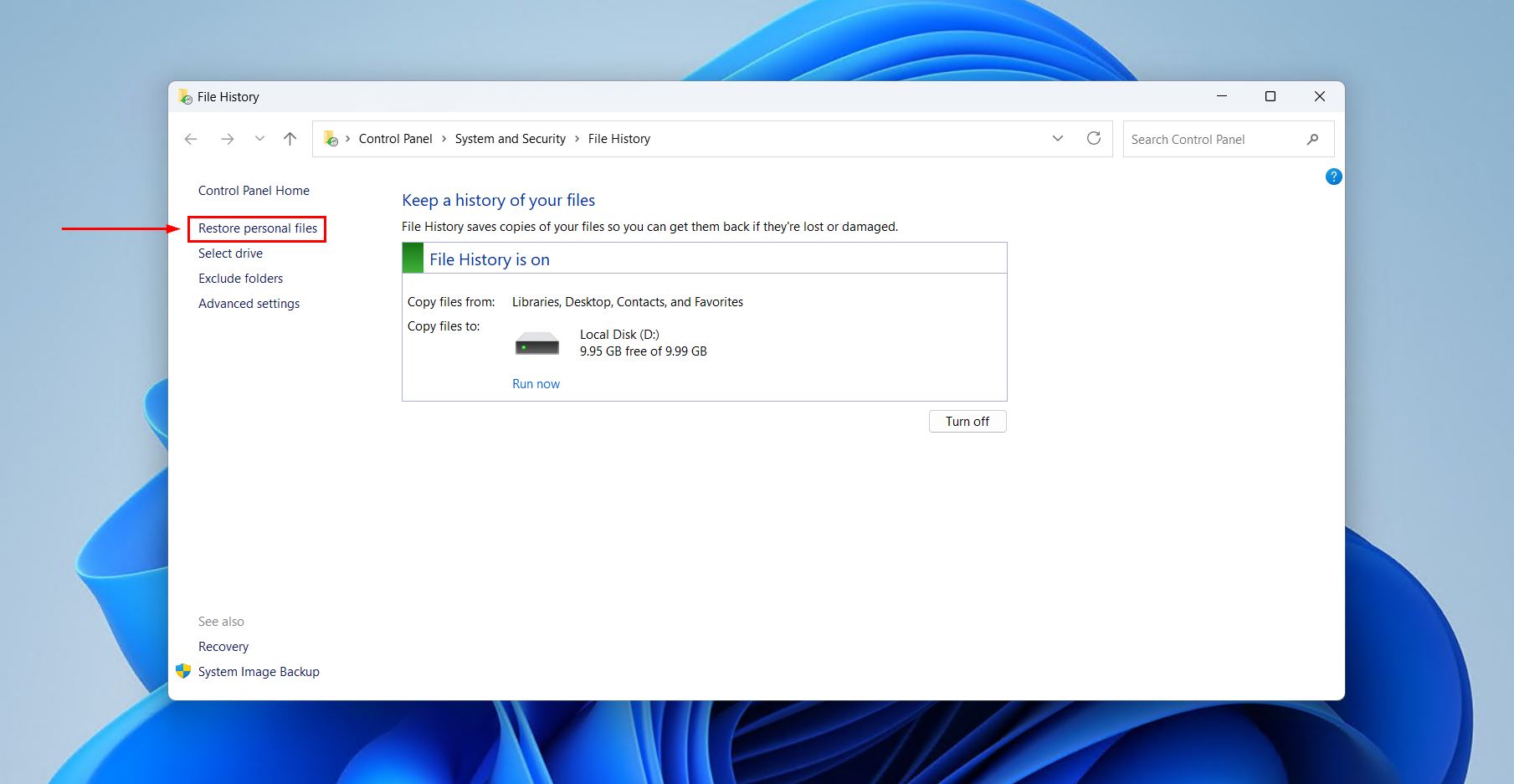 Restoring personal files from File History.
