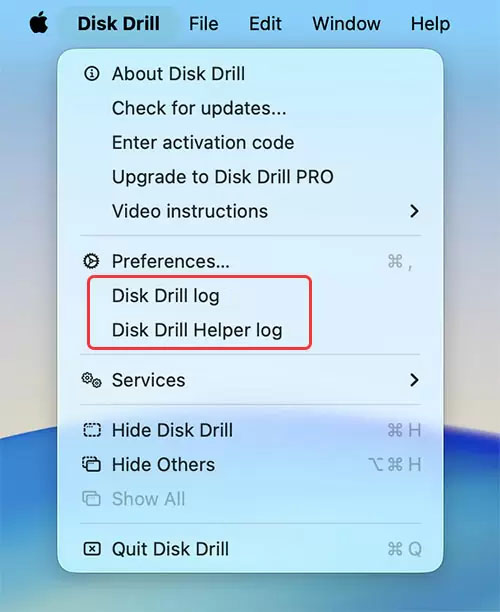find disk drill logs from apps menu