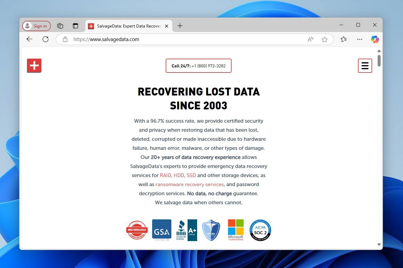 SalvageData homepage.