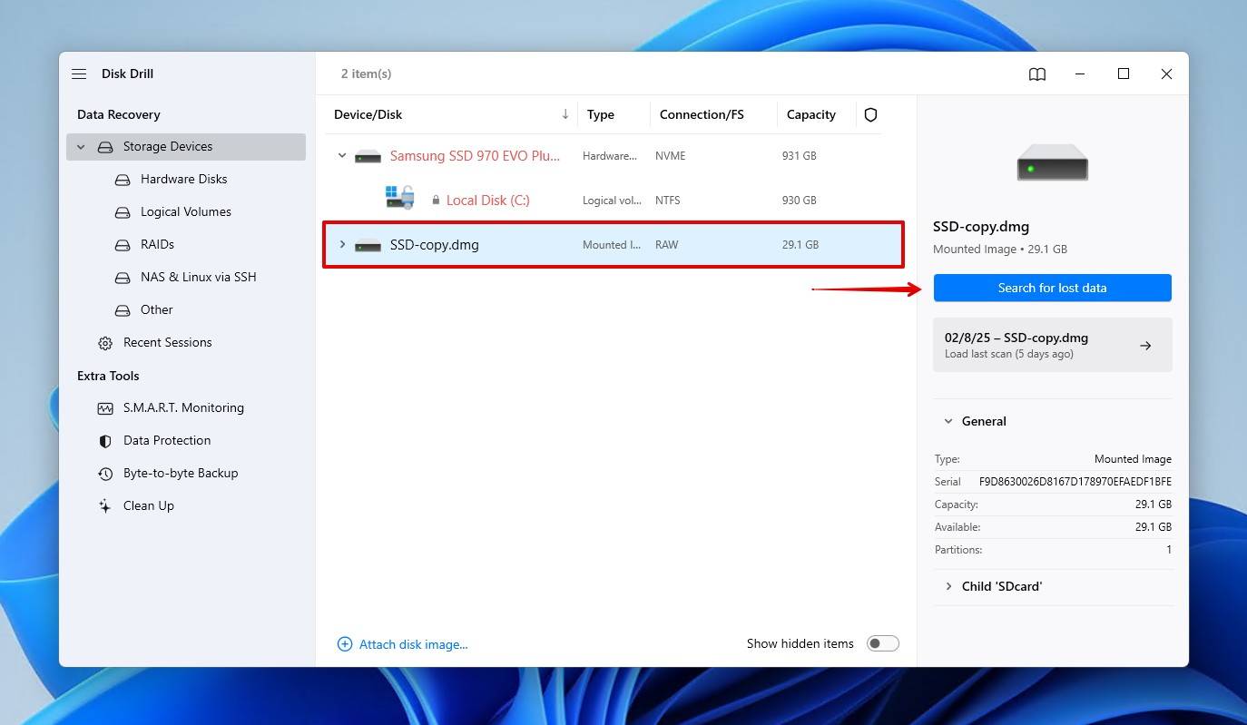 Searching the disk image for recoverable data.
