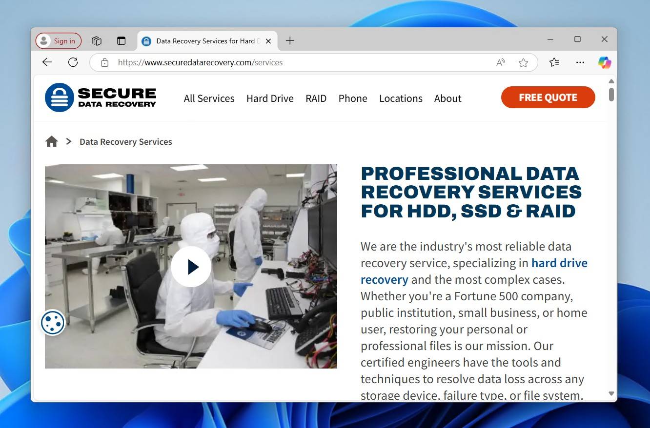 Secure Data Recovery homepage.