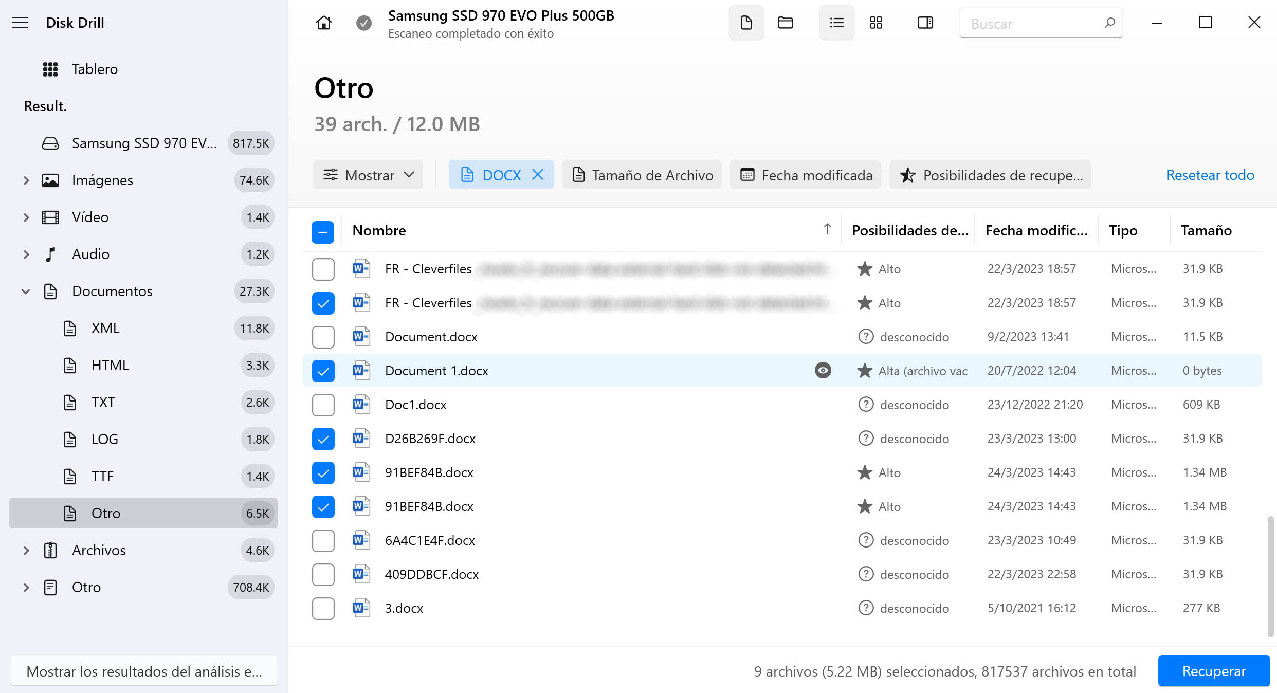Seleccione el documento de Excel que está recuperando
