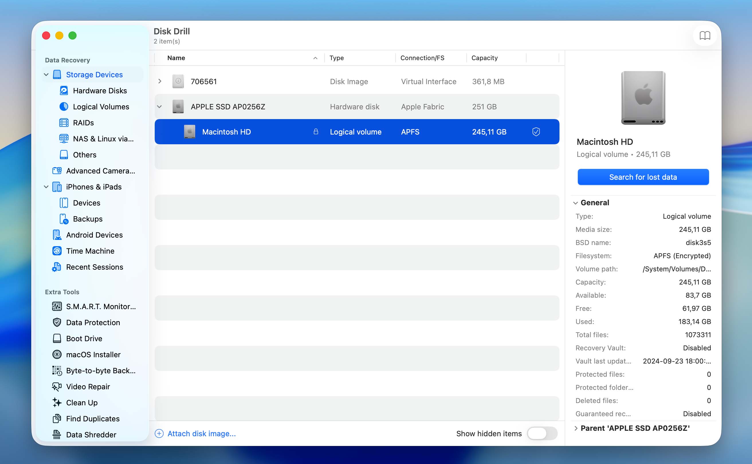 select the apfs storage-device to scan in Disk Drill