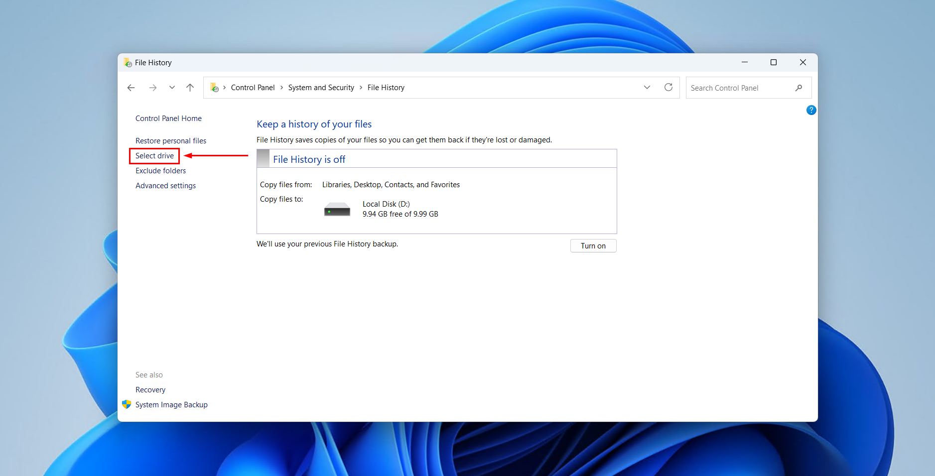 Selecting the drive for File History.
