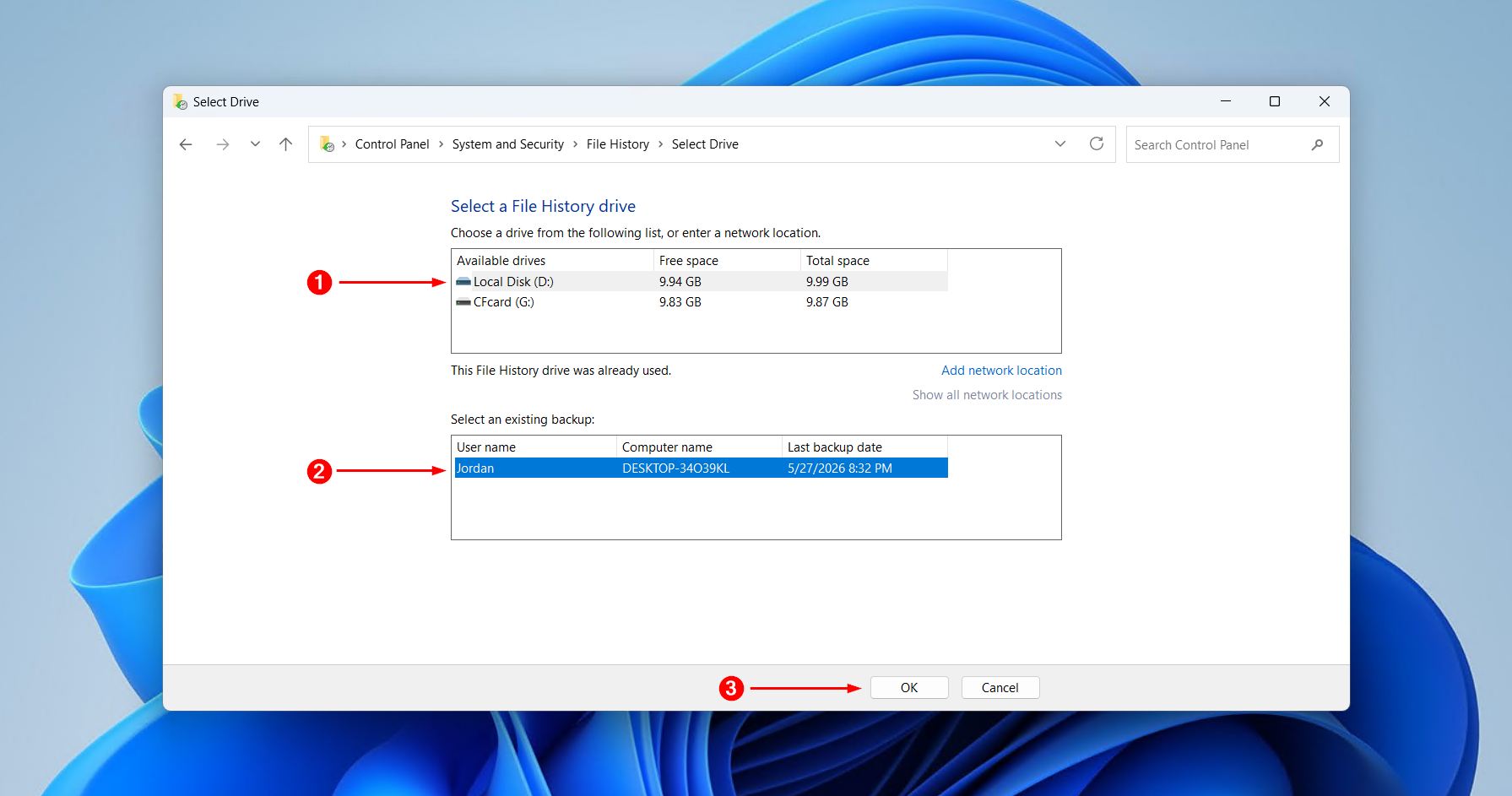 Selecting the existing backup.