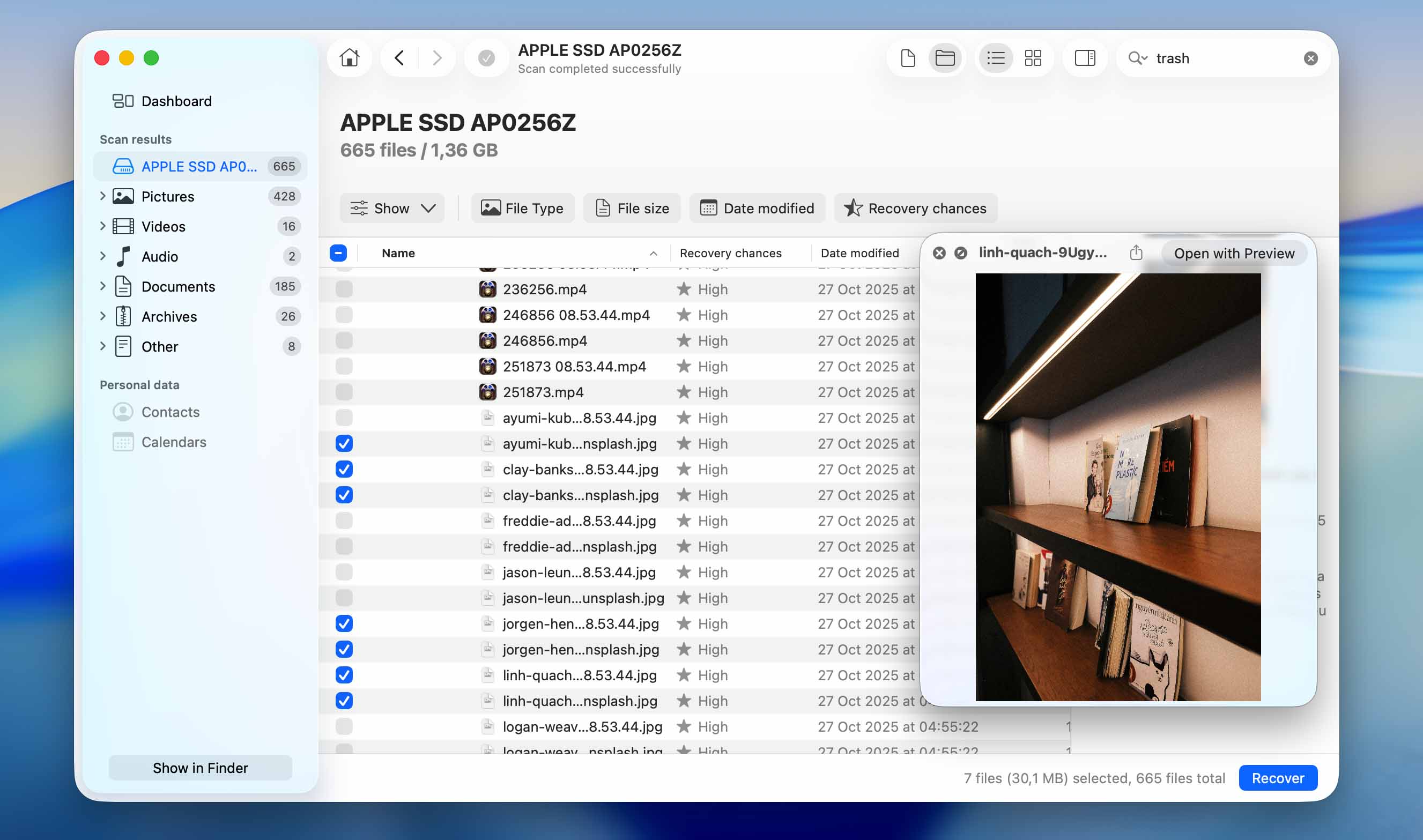 preview and select files for recovery