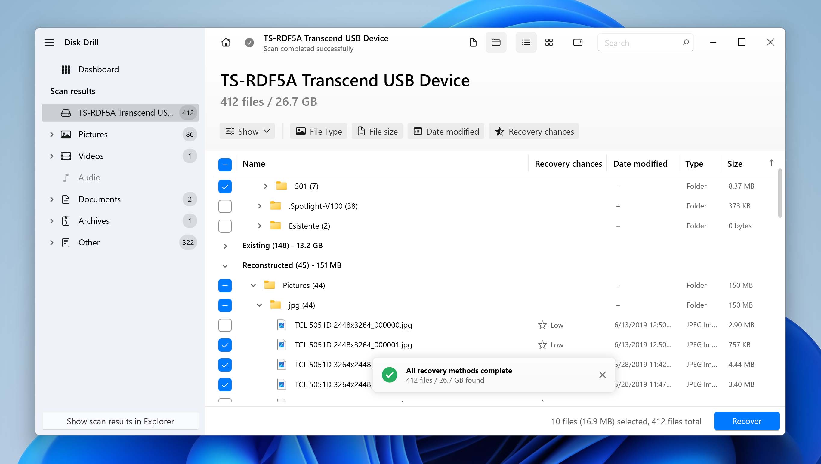 Photo recovery from a formatted SD card using Disk Drill