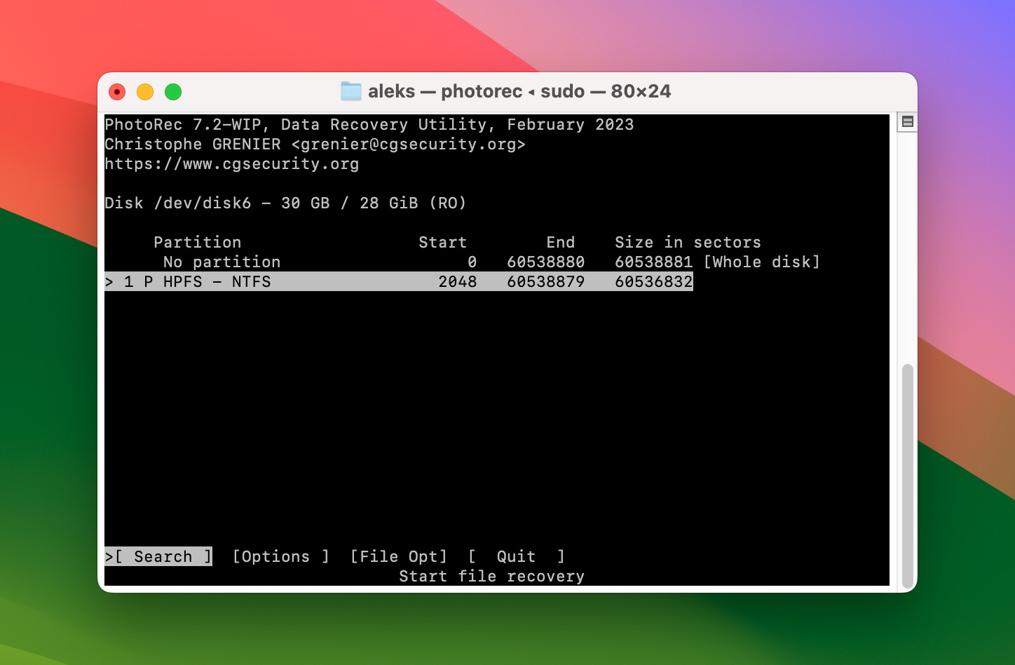 Mac Terminal PhotoRec select partition